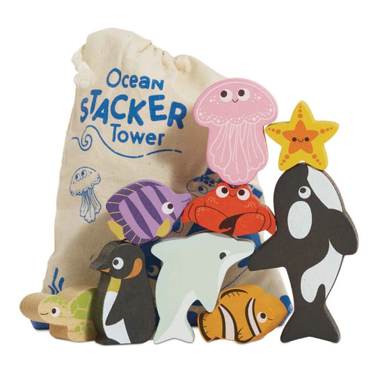 Le Toy Van – Wooden Ocean Life Stacking Animals & Bag – 10pcs
