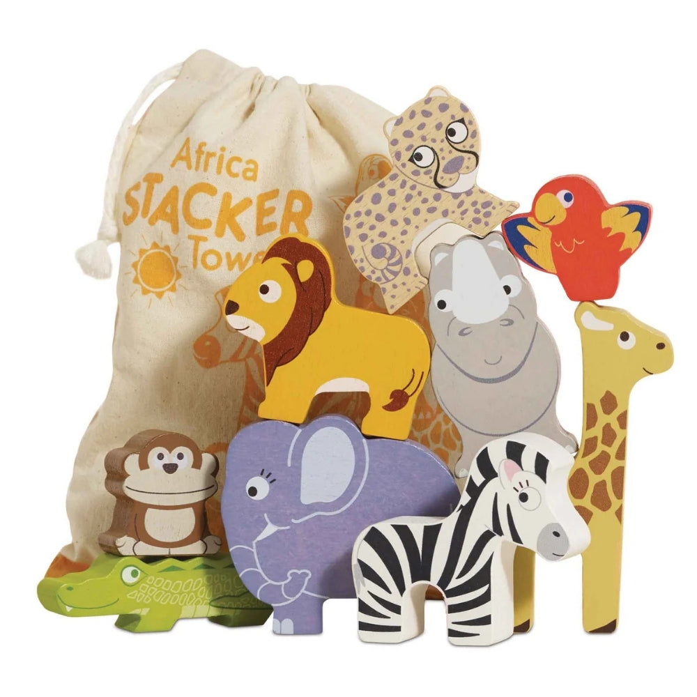 Le Toy Van – Wooden Stacking African Animals & Bag – 10pcs