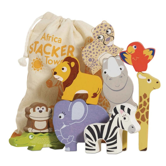 Le Toy Van – Wooden Stacking African Animals & Bag – 10pcs